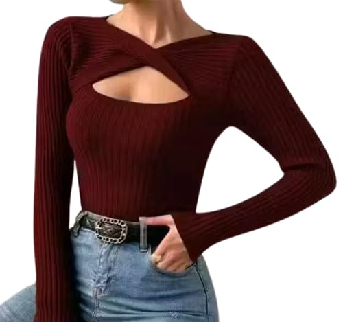Latest Long Sleeve Plain Cutout Ribbed Knit Top for Girls | Stylish Lycra Casual Wear Crop Tee