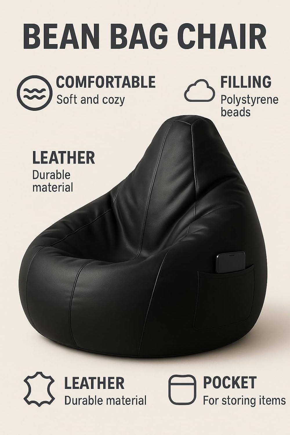 Bean Bag Chair with Side Pocket | Gaming Seat for Adults & Kids | Washable Cover, Double Stitching, Durable Sofa for Lounge & Bedroom (Cover Only, No Beans, Free Footrest) (Black, XL) - Image 4